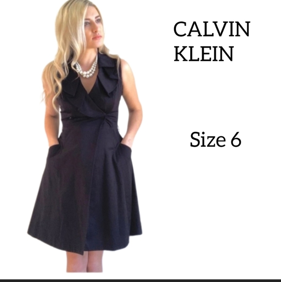 CALVIN KLEIN BLACK SLEEVELESS DRESS RUFFLED NECKLINE SIZE 6 - Picture 1 of 13